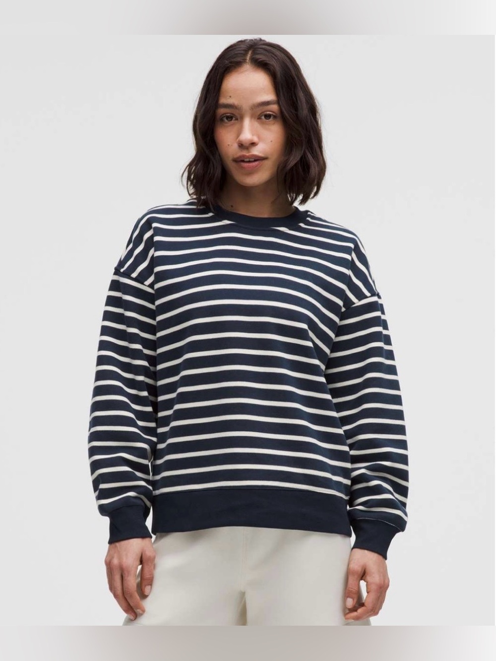 Lululemon Perfectly Oversized Fleece Crewneck Pullover Striped Blue/ White sz M